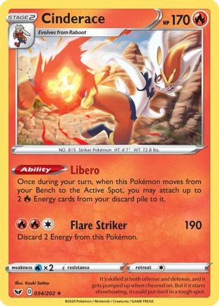 Cinderace (034) (034) 034/202 - Reverse Holofoil SWSH01 Sword & Shield Base Set - Holo Rare