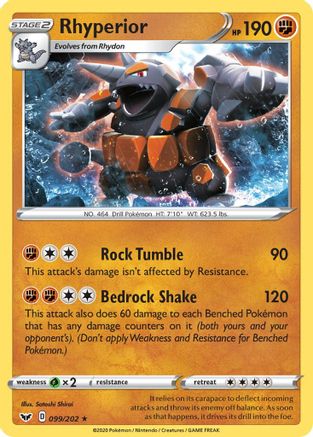 Rhyperior 099/202 - Reverse Holofoil SWSH01 Sword & Shield Base Set - Holo Rare