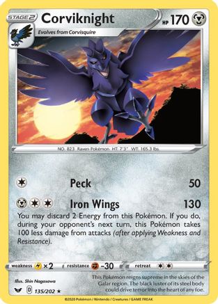 Corviknight 135/202 - Reverse Holofoil SWSH01 Sword & Shield Base Set - Rare