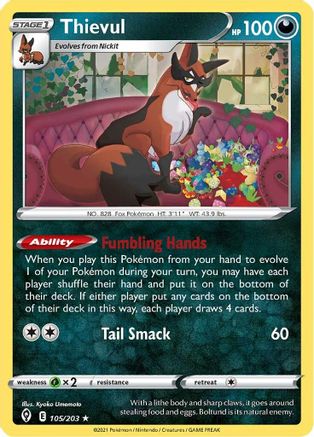Thievul 105/203 - Reverse Holofoil SWSH07 Evolving Skies - Rare