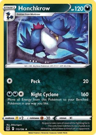 Honchkrow 115/196 - Reverse Holofoil SWSH11 Lost Origin - Rare