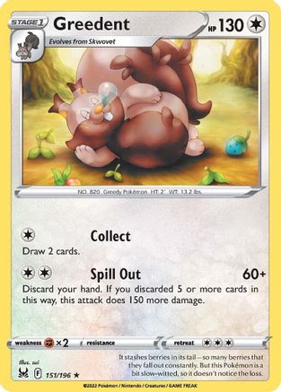 Greedent 151/196 - Reverse Holofoil SWSH11 Lost Origin - Rare