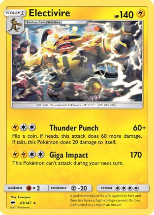 Electivire 043/147  - Reverse Holofoil SM  Burning Shadows - Rare