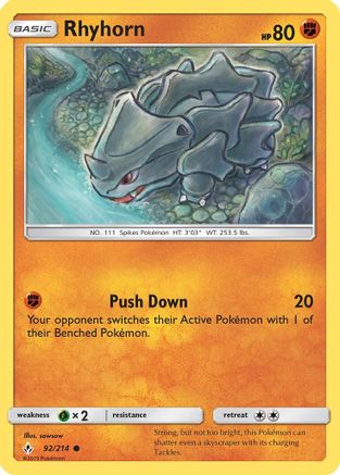 Rhyhorn (92) (92) 092/214  - Reverse Holofoil SM  Unbroken Bonds - Common