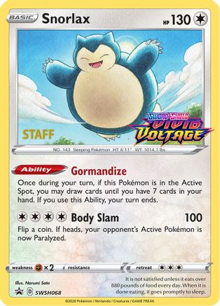 Snorlax (Prerelease) [Staff] SWSH068  - Holofoil SWSH Sword & Shield Promo Cards - Promo