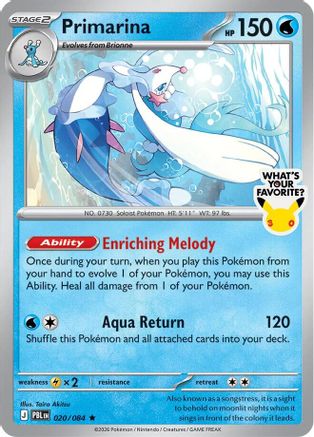 Primarina (What's Your Favorite Stamp) 020/084  - Holofoil Miscellaneous Cards & Products - Rare