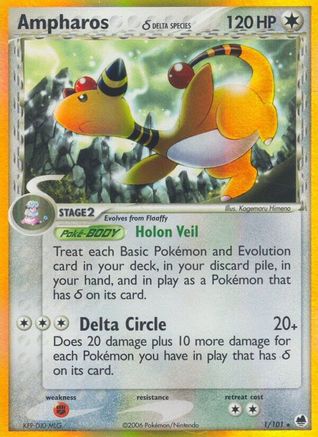Ampharos (Delta Species) 001/101  - Holofoil Dragon Frontiers - Holo Rare