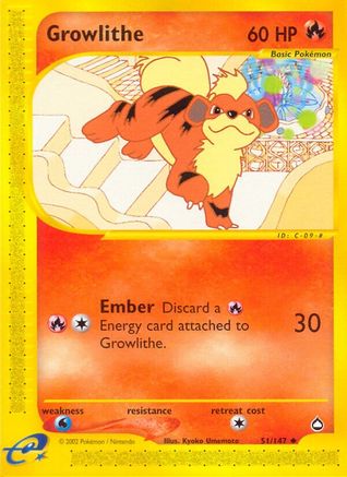 Growlithe (51) (51) 051  - Reverse Holofoil Aquapolis - Uncommon